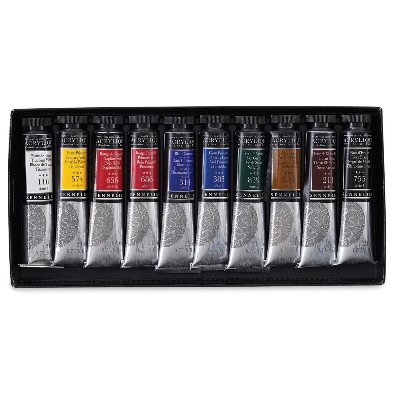 Sennelier Extra-Fine Artist Acryliques - Set of 10, Assorted Colors, 21 ml Tubes